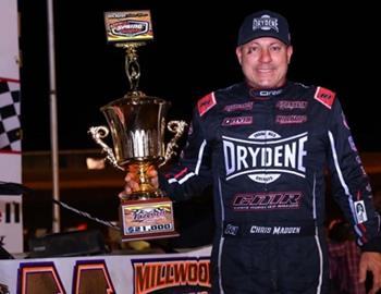 Chris Madden pocketed a $21,000 winner’s check for Saturday night’s winning performance at Tazewell (Tenn.) Speedway in Schaeffer’s Spring Nationals action during the Lil’ Bill Corum Memorial. (Josh James image)