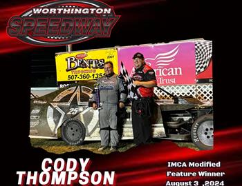 Cody Thompson wins at Worthington Speedway (Worthington, MN) on August 3, 2024. (Worthington Speedway photo)