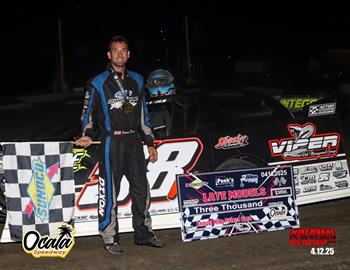 Devin Dixon celebrated a triumphant return to the Big Frog Motorsports team over the weekend, capturing a $3,000 victory in Saturday night’s Mike Peters Open at Ocala Speedway aboard the Ocala Restaurant Supply / Viper Risk Management Group No. 58 Rocket Chassis Late Model on Saturday, April 12.