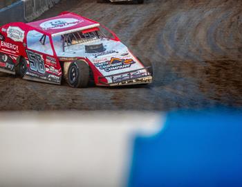Gary Christian competes in a Modified World Championship heat race at Mississippi Thunder Speedway (Fountain City, WI) on May 30, 2025.