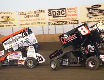 Lake Ozark Speedway action with Jonathan Cornell (28), Jeff Wingate (8), Tyler Thompson (11) and Kenneth Walker (2)