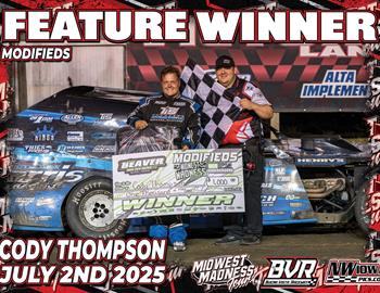 Cody Thompson wins at Buena Vista Raceway (Alta, IA) on July 2, 2025. (Midwest Madness Tour photo)