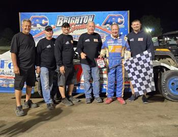 Ken Schrader in Victory Lane with his DIRTcar Modified on Saturday, August 10 at Brighton (ONT.) Speedway.