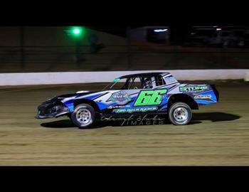 Paul Stone races to an IMCA Racing Stock Car victory at Merced Speedway on July 6