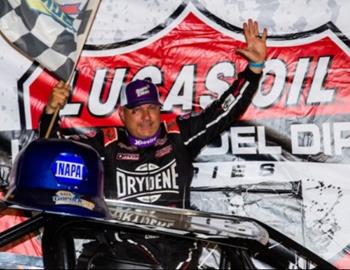 Chris Madden conquered the Gopher 50 opener on Thursday night at Deer Creek Speedway (Spring Valley, Minn.) to claim the $5,000 Lucas Oil Late Model Dirt Series (LOLMDS) victory. (Heath Lawson image)