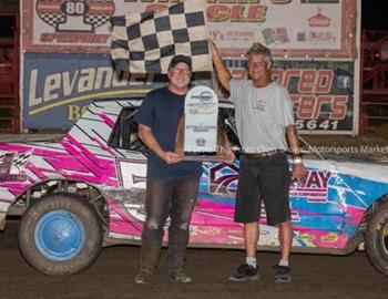 Matt Boucher in IMCA Stock Car Victory Lane at Nebraskas I-80 Speedway on August 26, 2022.