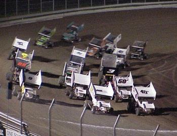 Three-wide salute at Delta Bowl Speedway