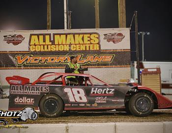 Jarrett Getzschman wins the Igloo 25 at Shelby County Speedway on April 12