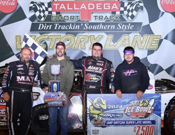 Ryan Gustin scored the $7,500 Super Late Model win during the Ice Bowl XXXIII at Talladega Short Track (Eastaboga, Ala.) with his Jay Dickens Racing Engine No. 19 Todd Cooney Motorsports entry. (Josh James Artwork image)

Fellow JDRE client, Oakley Johns finished second.