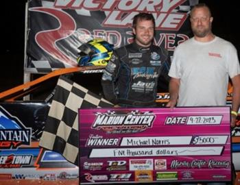 Michael Norris was $5,000 richer topping the Super Late Model action at Marion Center (Pa.) Raceway on Friday, Sept. 22.  (Derek Bobik image)