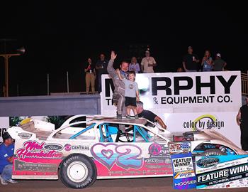 Tanner Mullens in United Rebel Late Model Series victory lane at Salt City Racing at the Kansas State Fairgrounds (Hutchinson, KS) on May 9, 2025. (Gary Cornelison photo)