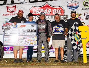 Chris Madden earned $5,750 for his Friday, July 7 Lucas Oil Late Model Dirt Series (LOLMDS) win at Deer Creek Speedway (Spring Valley, Minn.). (Heath Lawson image)