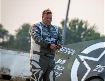 Cody Thompson in the pits during the Hunting for Heroes Salute to Veterans tour at Clay County Fair Speedway (Spencer, IA) on July 24, 2024. (Purdy Photography image)