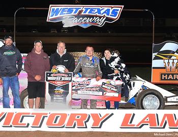 Tanner Mullens in Victory Lane at West Texas Raceway (Lubbock, Texas) on May 19, 2023.