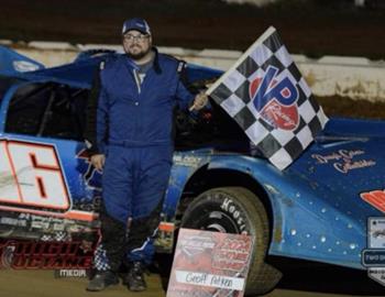 Geoff Aitken smiles in Victory Lane after his win at Two Dollar Pistol Motor Speedway on May 4.