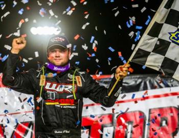 Hudson O’Neal banked a $10,000 Lucas Oil Late Model Dirt Series (LOLMDS) victory on Thursday night at I-70 Speedway (Odessa, Mo.). (Heath Lawson image)