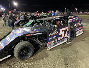 57 Motorsports and driver Chad Clancy wins on August 31 during a weekend sweep at Bethany Fairgrounds Speedway in the B-Mod Division