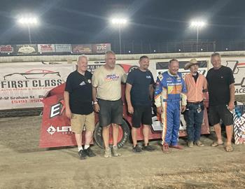 Ken Schrader in victory lane at Buxton Speedway (Merlin, ON) aboard the Greg Belyea entry.