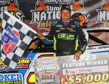 Brian Shirley raced to the $5,000 victory in the opening round of the 2023 DIRTcar Summer Nationals on Wednesday, June 14, 2023 at Peoria (Ill.) Speedway. (Brendon Bauman image)