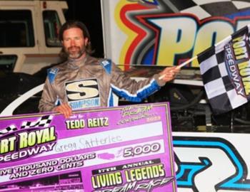 Gregg Satterlee surged to the $5,000 Port Royal (Pa.) Speedway Super Late Model feature win on Saturday, Aug. 19. (Rick Neff image)