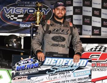 Mason Zeigler pocketed the $12,055 victory in the Labor Day Classic at Bedford (Pa.) Speedway on Friday, Sept. 1 with the Jays Automotive United Late Model Series. *(Howie Balis image)*