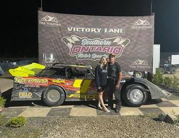 C.J. Field picked up the Super Late Model win on Saturday night at Southern Ontario Motor Speedway in his Rocket XR1 by Ed Carley.