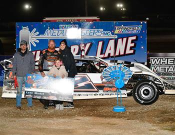 Tyler Stevens wins the Open Late Model portion of the Turkey Bowl XVII Larry Phillips Memorial at Springfield (Mo.) Raceway on November 18, 2023.