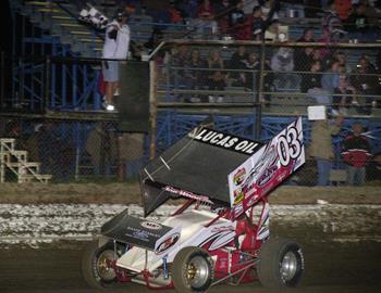 Joe Wood, Jr., takes the checkered flag at Creek County Speedway