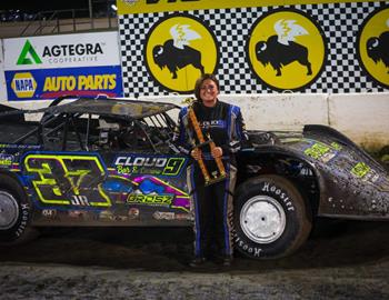 Morgan Ward Grosz raced to her first career win in the Wissota Late Model division on Friday, July 7 at Brown County Speedway (Aberdeen, S.D.).