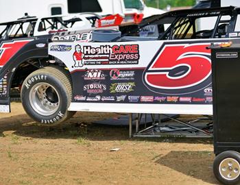 Jon Mitchells car in the COMP Cams Super Dirt Series pit area during the 2023 campaign. (Jason Brickey photo)