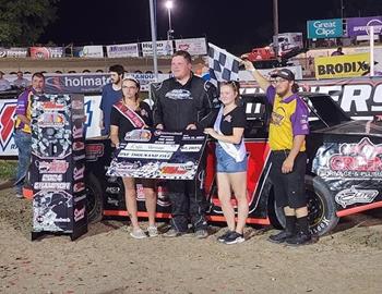 Kyle Vanover wins in the IMCA Racing Stock Car Feature at Eagle Raceway during the High Bank Heist on July 15