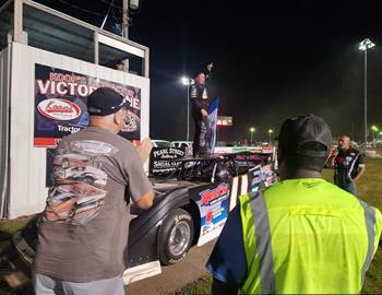 Tom Berry Jr. in victory lane at Benton County Speedway (Vinton, IA) on August 25th, 2024.