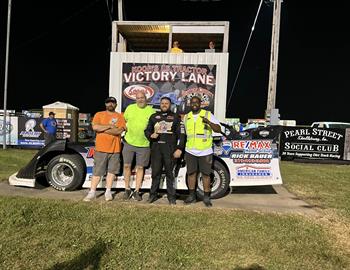 Tom Berry Jr. in victory lane at Benton County Speedway (Vinton, IA) on August 18th, 2024.