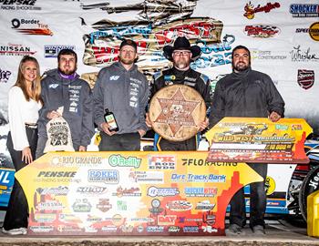 Jonathan Davenport won the opening round of Super Late Model competition at the 2023 Rio Grande Waste Services Wild West Shootout presented by OReilly Auto Parts