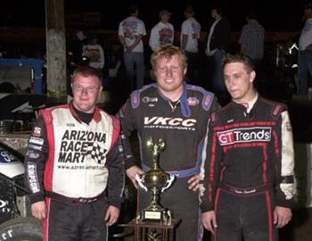 Race winner Jesse Hockett (center) is joined by runner-up Kevin Swindell (right) and third-place R.J. Johnson (left)