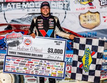 Hudson ONeal picked up a $3,000 Lucas Oil Late Model Dirt Series (LOLMDS) prelim win at the Freedom 60 at Muskingum County Raceway (Zanesville, Ohio) on Friday, June 30. (Heath Lawson image)