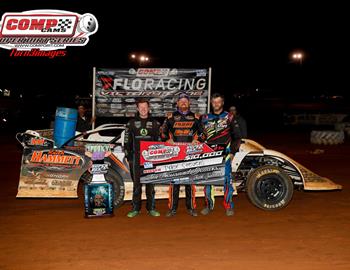 Tyler Stevens and the other COMP Cams Super Dirt Series (CCSDS) podium finishers after the 30th annual Spooky 50 at Super Bee Speedway (Chatham, LA) on October 21, 2023.