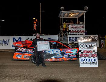 Evan Miller poses after his win at Maquoketa Speedway on May 18.