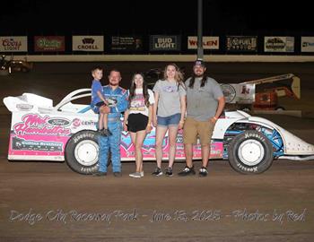Tanner Mullens wins opening night of the seventh annual Dave Garmann Memorial with the United Rebel Late Model Series (URLMS) at Dodge City Raceway Park (Dodge City, KS) on June 13, 2025. (Photos by Red photo)