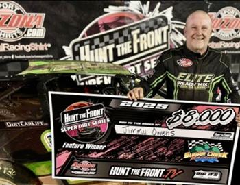 Jimmy Owens wins at Sugar Creek Raceway during the Hunt the Front Super Dirt Series feature on May 16.