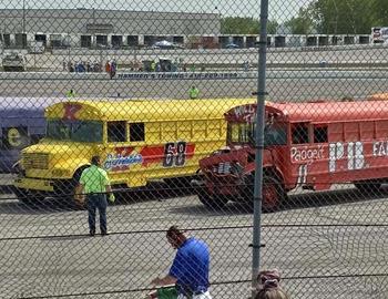 Ken Schrader in action in the School Bus Race at Toledo Speedway on May 15, 2022.