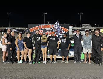 Austin Theiss claimed the American Crate Late Model Series win at Devils Bowl Speedway (Mesquite, Texas) on Saturday, July 22.