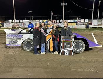 Colin Shipley with Fremont (OH) Speedway Royalty after winning his heat race at the track on October 6, 2023.