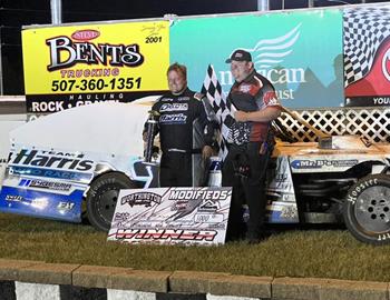 Cody Thompson in Victory Lane after winning the opening night of the Midwest Madness Tour at Worthington Speedway (Worthington, Minnesota) on June 25.