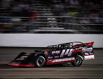 Morgan Bagley on track during the World of Outlaws CASE Construction Equipment Late Model Series Texas Torpedo 50 at Rocket Raceway Park (Petty, TX) on September 28, 2024. (World of Outlaws photo)