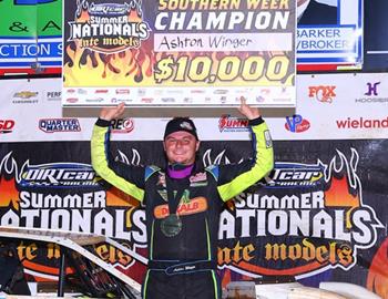 Ashton Winger claimed both the $7,500 DIRTcar Summer Nationals win at Lake Cumberland Speedway (Burnside, Ky.) on Monday, July 3 as well as the $10,000 Southern Week Championship. (Josh James Artwork image)