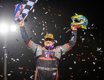 Ryan Gustin pocketed a $20,000 winner’s check for his first-career World of Outlaws CASE Late Model Series win on Saturday night at Sharon (Ohio) Speedway. (Jacy Norgaard image)