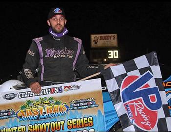 Kyle Hardy charged from the 12th-starting spot to claim the $2,500 Crate Racin’ USA Winter Shootout win on Thursday night at East Bay Raceway Park (Gibsonton, Fla.)
