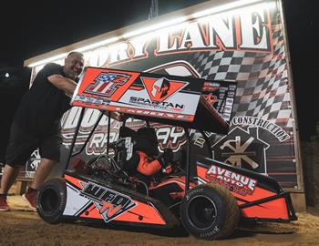 Zander LaRose in victory lane at Doe Run Raceway (Doe Run, MO) on August 16, 2024. (TeeJay Crawford photo)