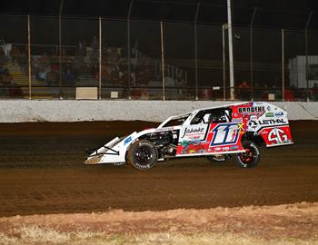 Tom Berry Jr. wins the Modified portion of the Turkey Bowl XVII Larry Phillips Memorial at Springfield (Mo.) Raceway on November 18, 2023.
